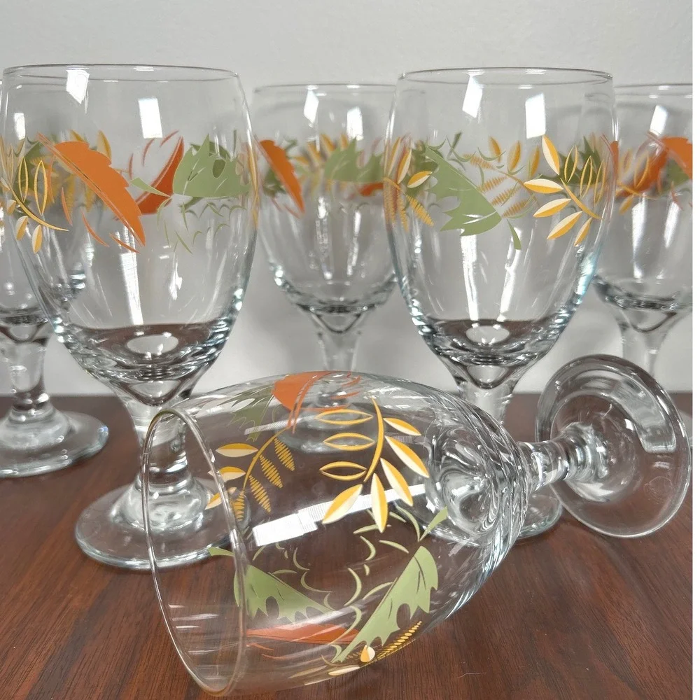 Libbey Autumn Leaf Stemmed Water Goblets Orange Green Fall SIX